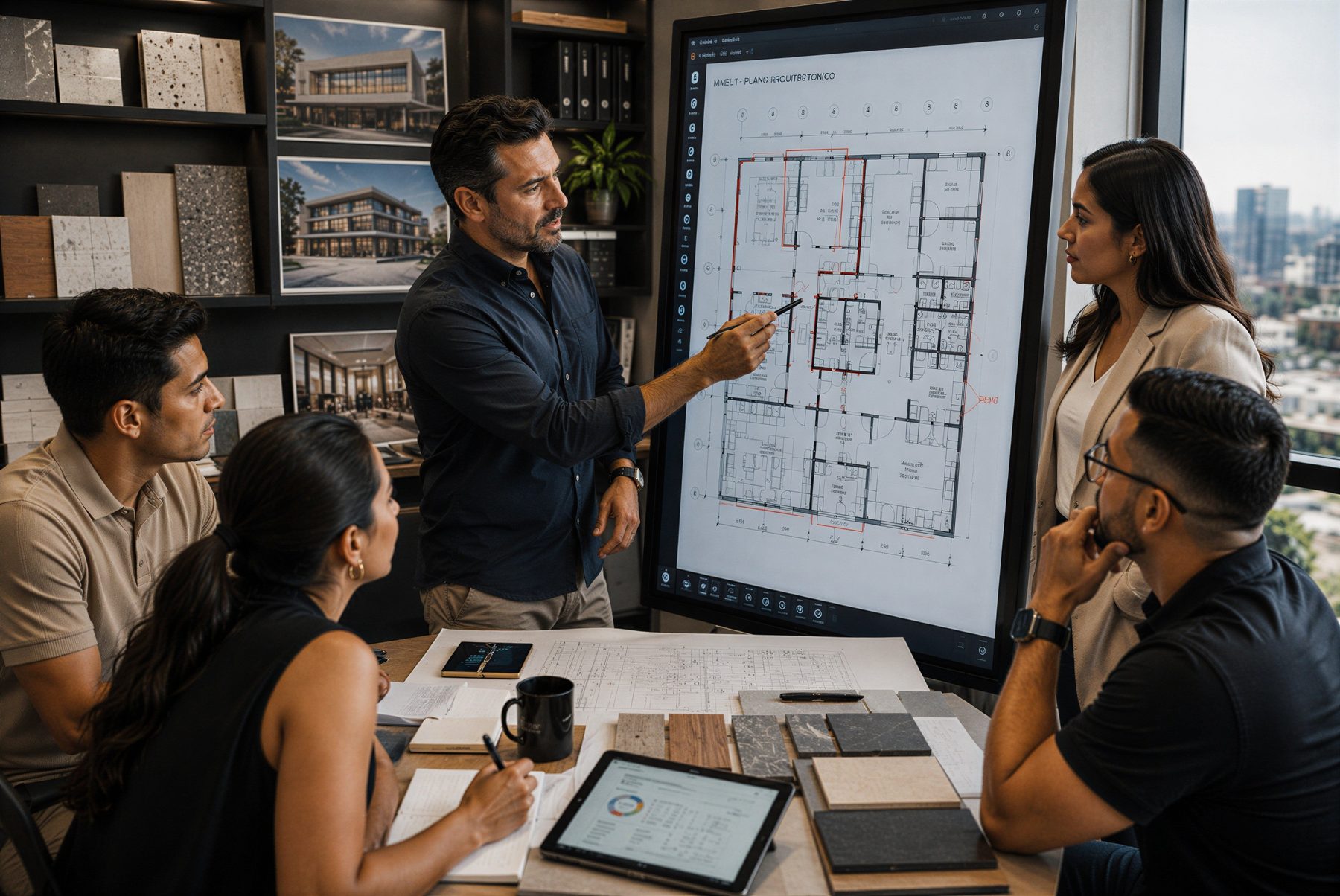 Reviewing an architectural floor plan with the client team during the first-visit assessment